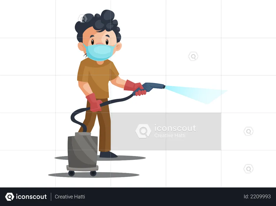 Homme de ménage pulvérisant des produits chimiques  Illustration