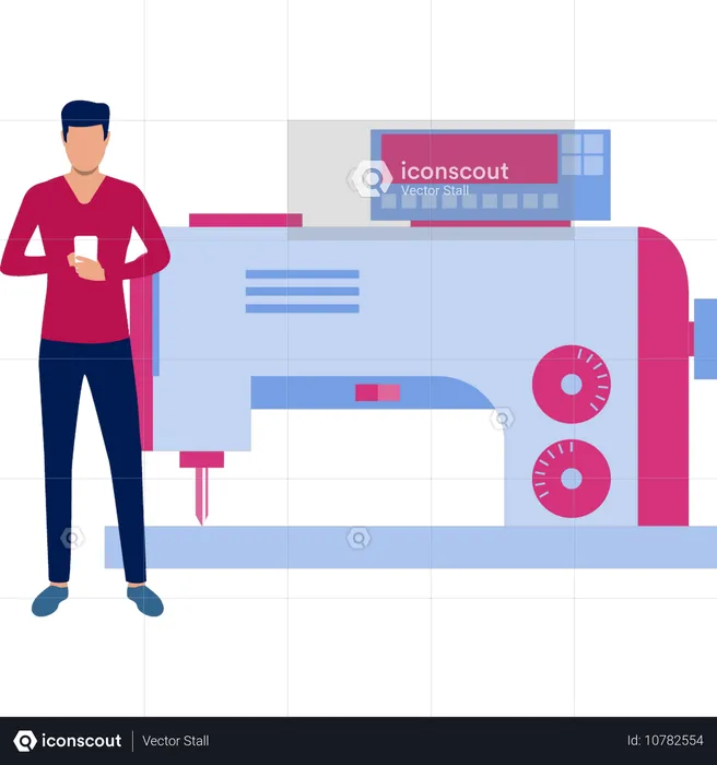 Homme debout à côté d'une machine à balancer le tissu  Illustration