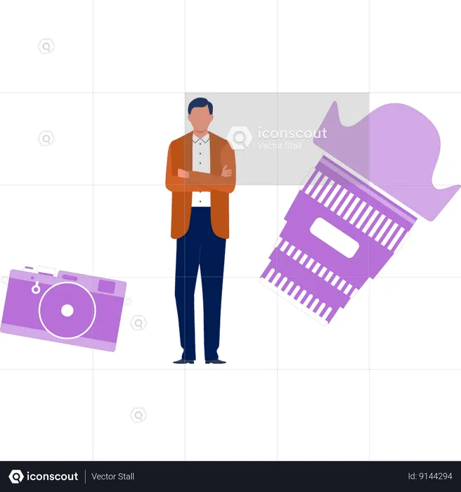 Homme debout avec appareil photo avec objectif  Illustration