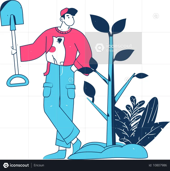 Homme debout avec une pelle près de l'usine  Illustration