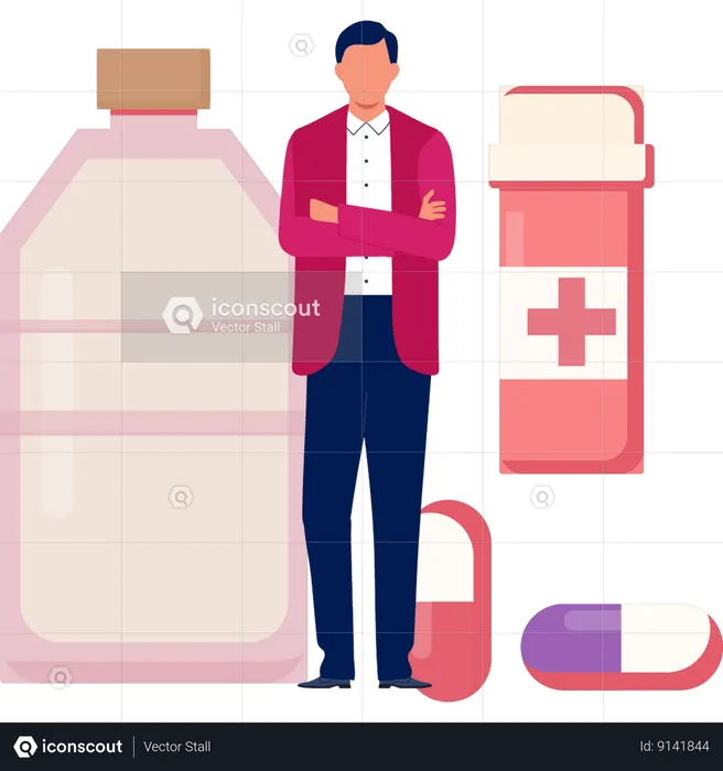 Homme debout près des médicaments  Illustration