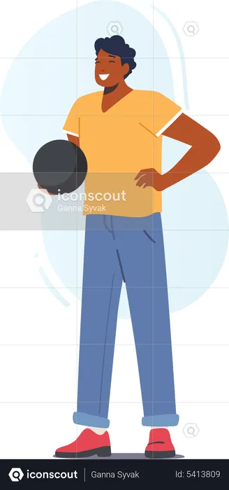 Homme debout tout en tenant une boule de bowling  Illustration