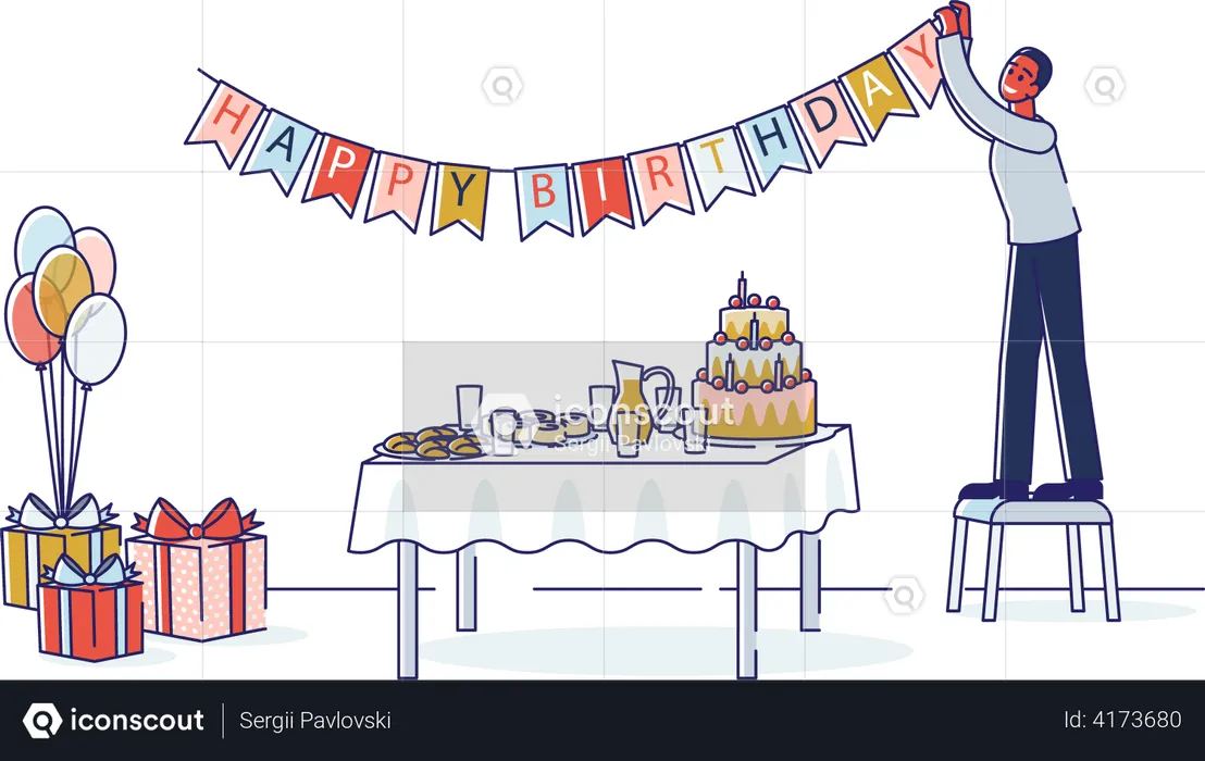 Homme décorant une salle pour une fête d'anniversaire  Illustration