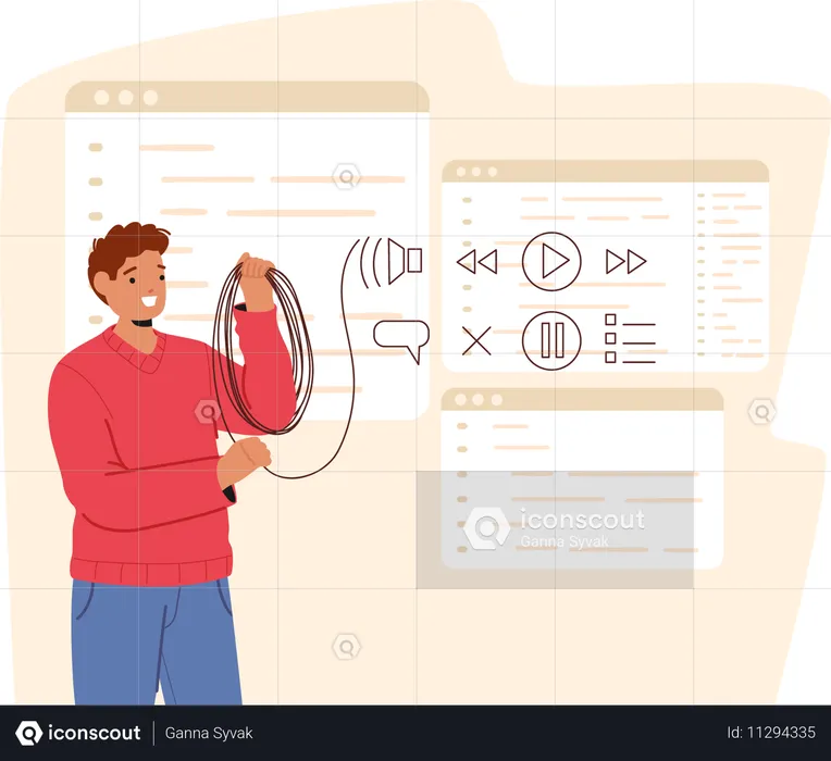 Homme de bande dessinée tenant un câble avec des icônes d'ondes sonores et des commandes multimédia flottant autour de lui  Illustration