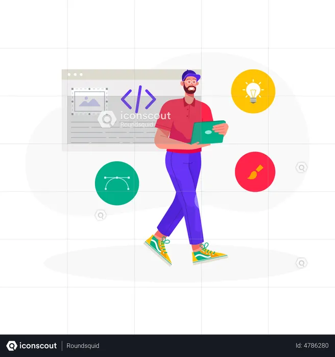 Homme développant un site Web en utilisant l'intégration de conception  Illustration