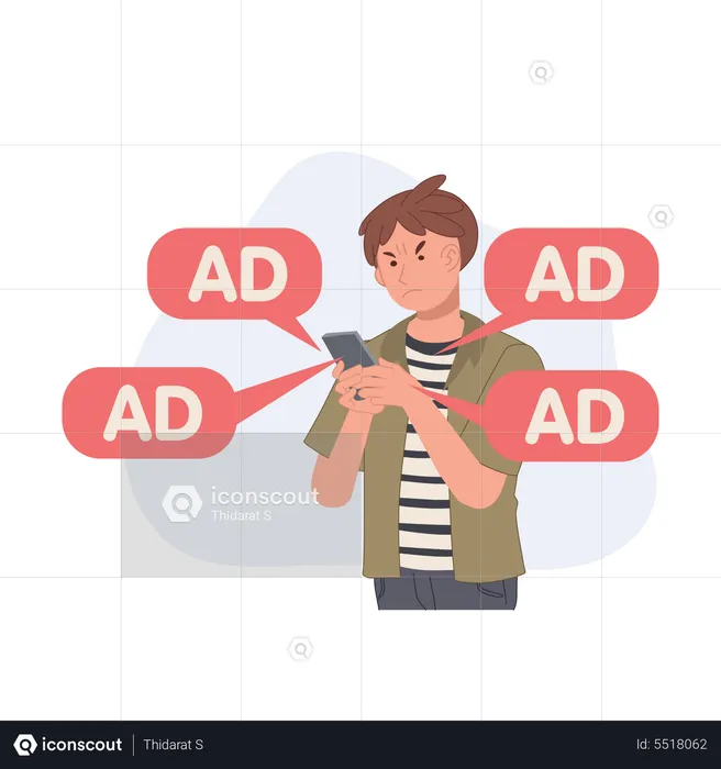 Homme en colère et ennuyeux avec les notifications publicitaires de l'application pour smartphone  Illustration