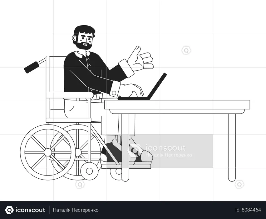 Homme barbu en fauteuil roulant sur ordinateur portable  Illustration