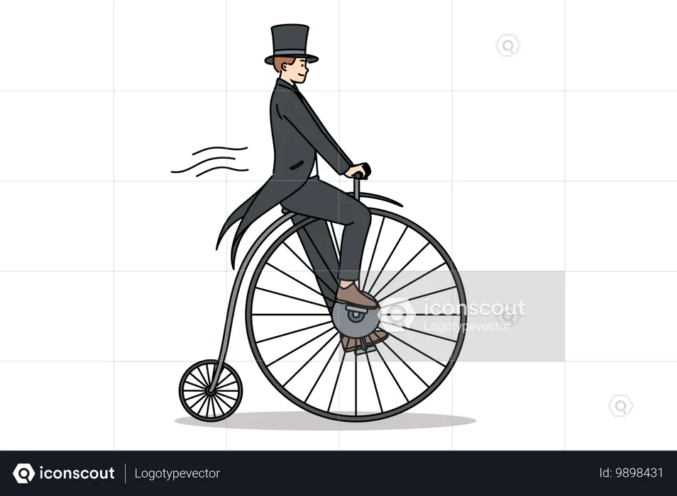 Un homme en frac monte un vélo vintage penny farthing en imaginant un voyage dans le temps jusqu'au siècle dernier  Illustration