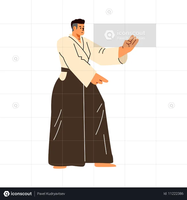 Homme en kimono pratiquant une posture martiale  Illustration