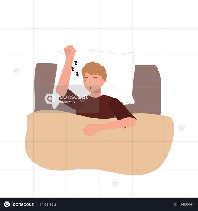 Homme en pyjama dormant sur le lit avec le signe Zzz dans une nuit reposante  Illustration