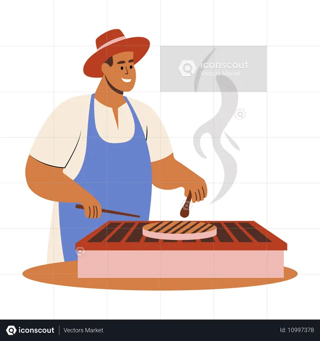 Un homme fait griller un steak sur un barbecue  Illustration