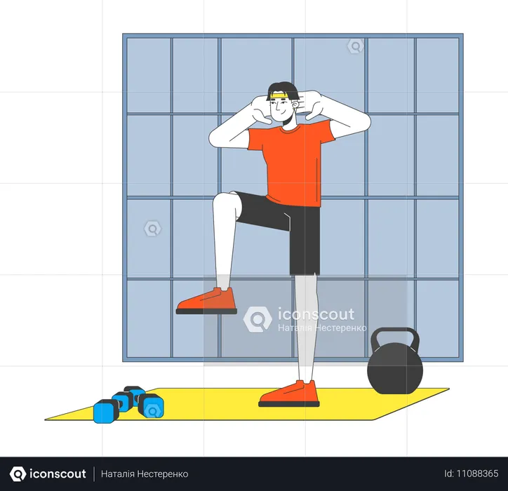 Un homme en vêtements de sport effectue un exercice de soulèvement du genou  Illustration