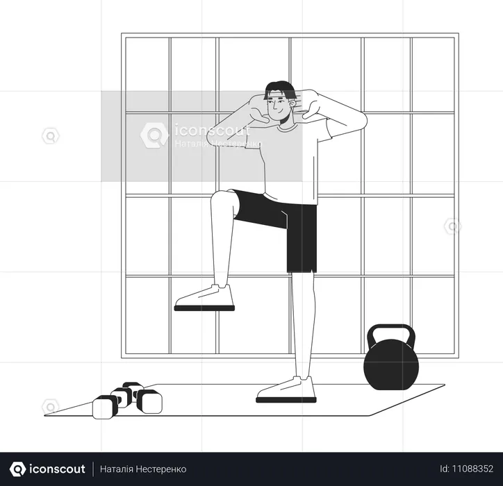 Un homme en vêtements de sport effectue un exercice de soulèvement du genou  Illustration