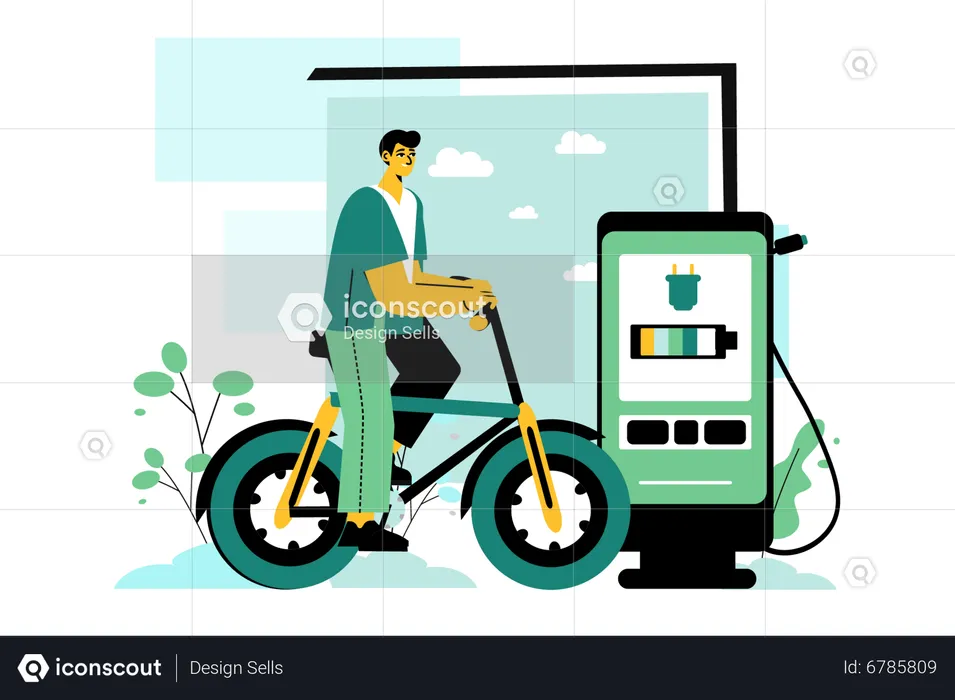 Homme conduisant un vélo EV et suivant l'utilisation de la batterie via une application mobile  Illustration