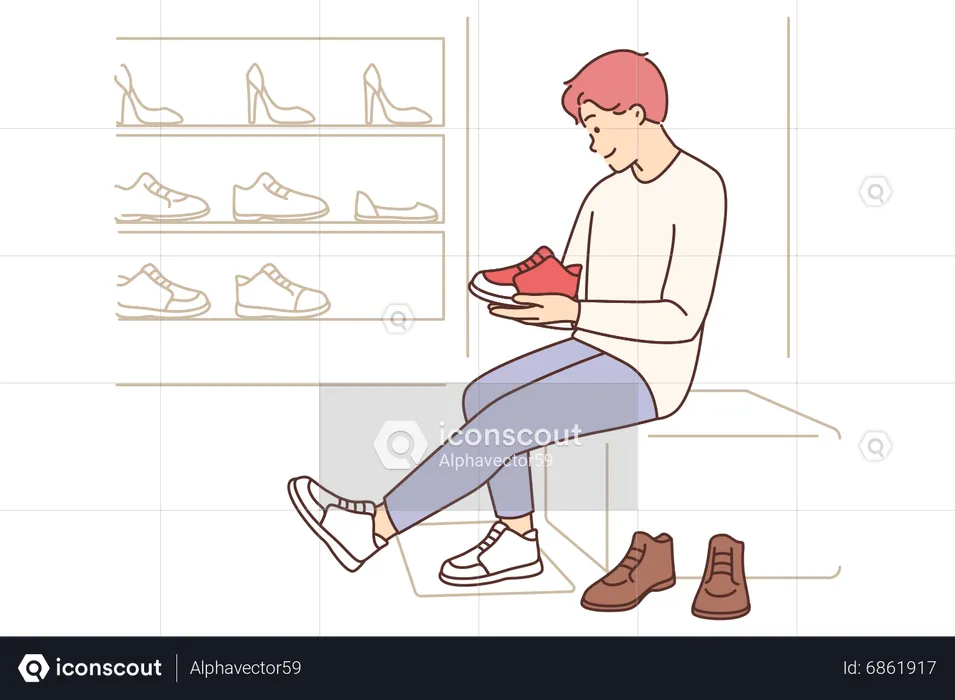 Homme essayant des chaussures dans un magasin de chaussures  Illustration