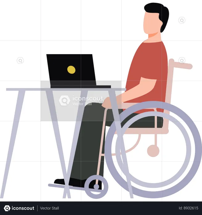 L'homme est assis sur un fauteuil roulant et travaille sur un ordinateur portable  Illustration