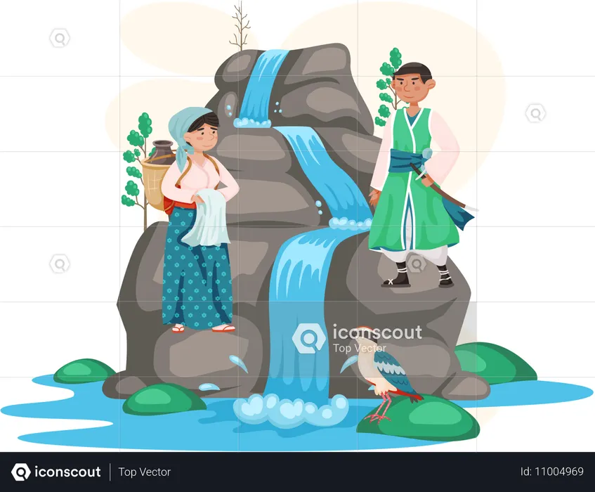 Homme et femme asiatiques vêtus de vêtements nationaux debout près d'un paysage de montagne en cascade  Illustration