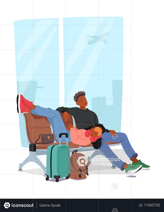 Un homme et une femme assis et dormant sur un banc au terminal de l'aéroport  Illustration