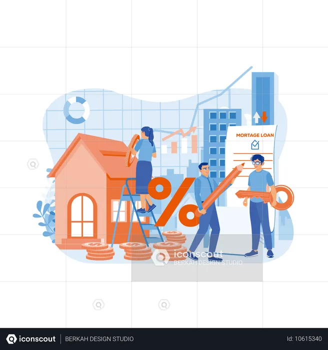 Un homme et une femme calculent le taux d'intérêt d'un prêt immobilier  Illustration