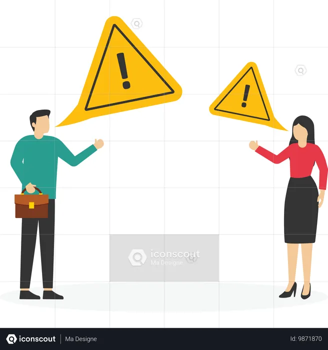 Homme d'affaires et femme discutant d'incidents avec un signe d'attention d'exclamation  Illustration