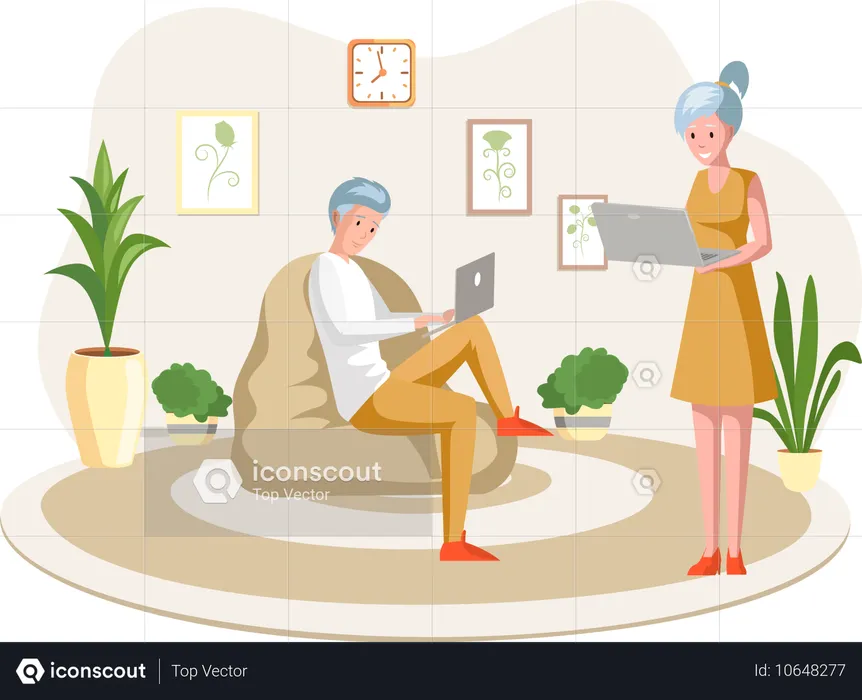 Homme et femme freelances travaillant à distance et surfant sur Internet  Illustration