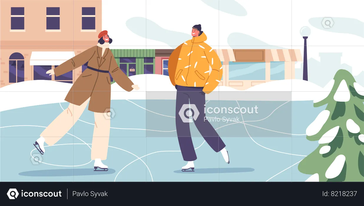 Un homme et une femme glissent gracieusement sur la patinoire de la ville  Illustration