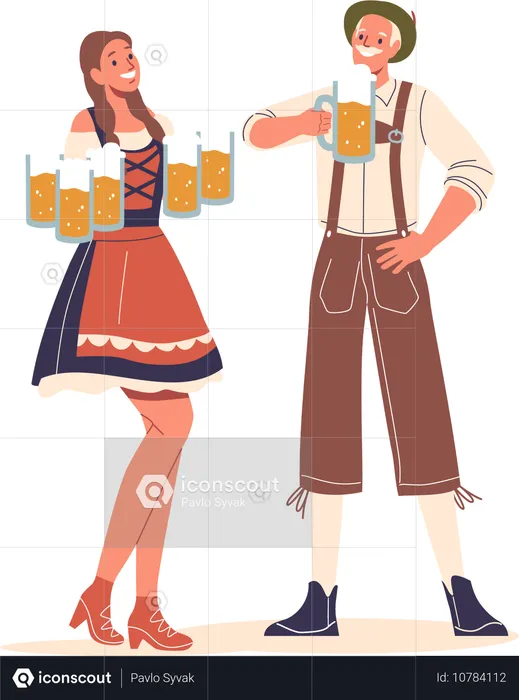 Un homme et une femme vêtus de costumes traditionnels allemands profitent du temps ensemble  Illustration