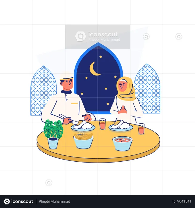 Homme et femme musulmans faisant l'iftar  Illustration