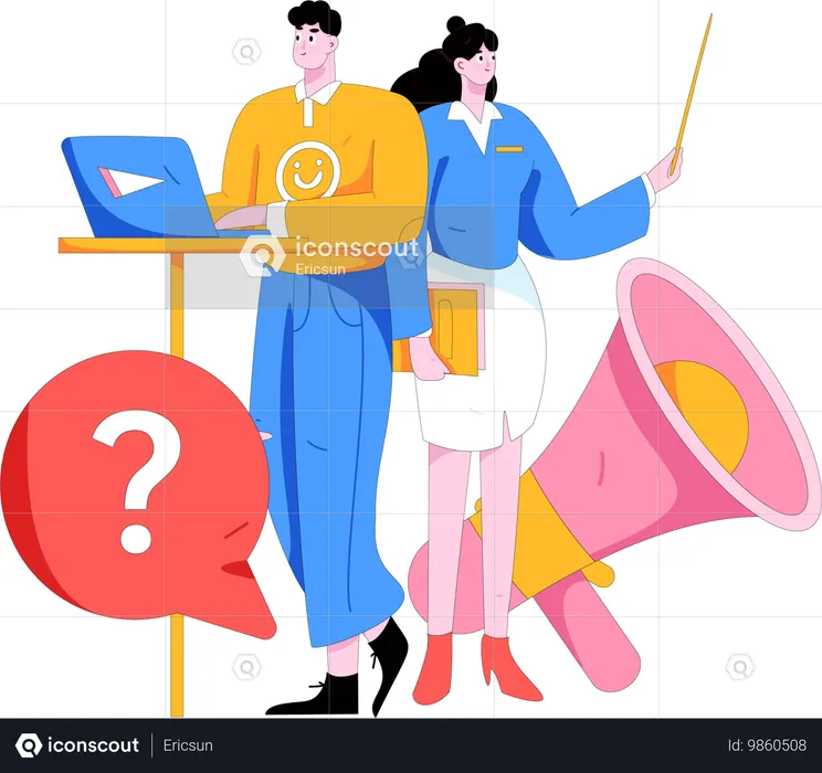 Un homme et une femme reçoivent une FAQ marketing  Illustration