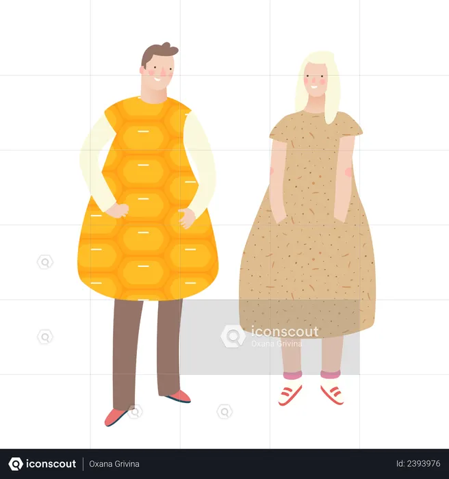 Homme et femme portant une robe de fruits tendance  Illustration