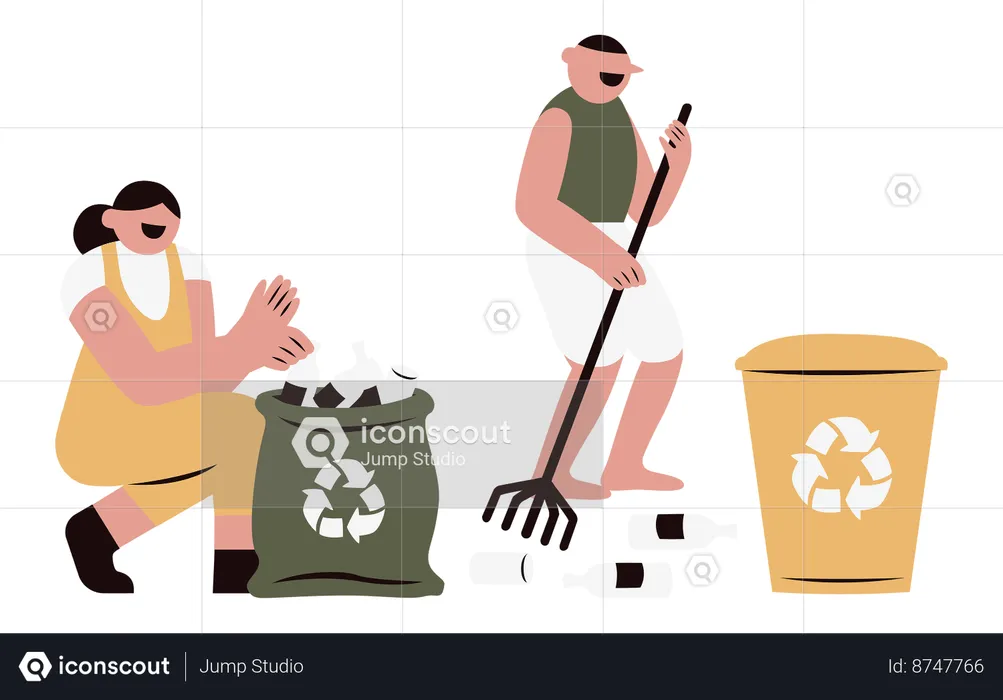 Homme et femme ramassant ensemble des déchets en plastique  Illustration