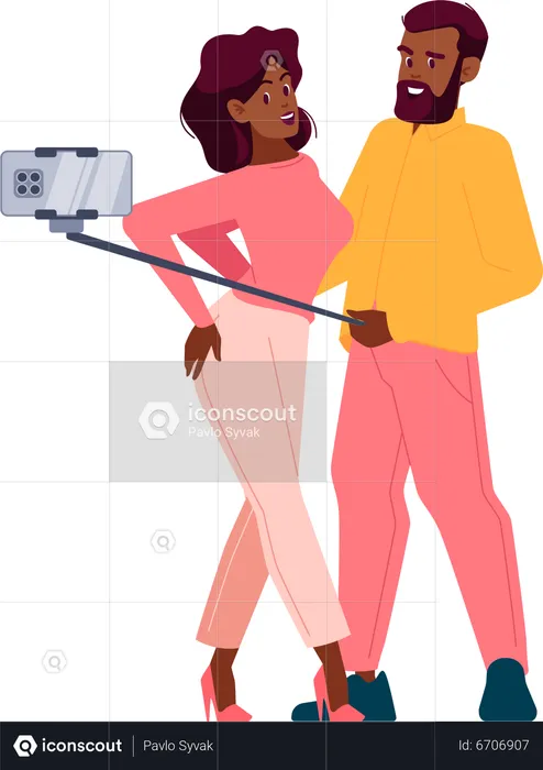 Un homme et une femme se tiennent proches l'un de l'autre, tenant un smartphone devant leurs visages  Illustration