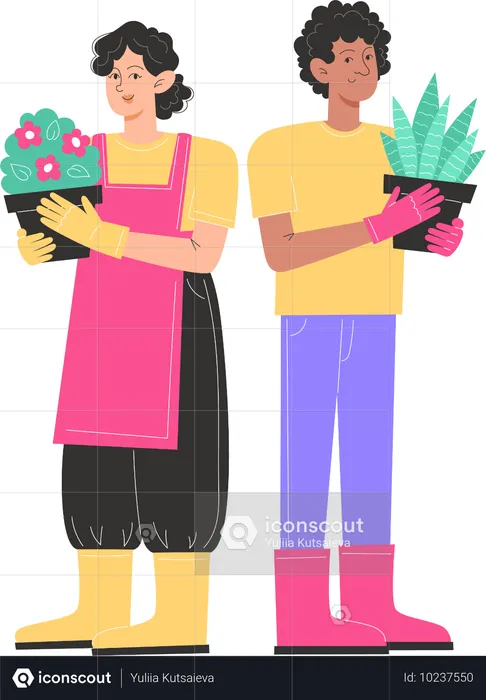 Un homme et une femme tiennent un pot de fleurs  Illustration