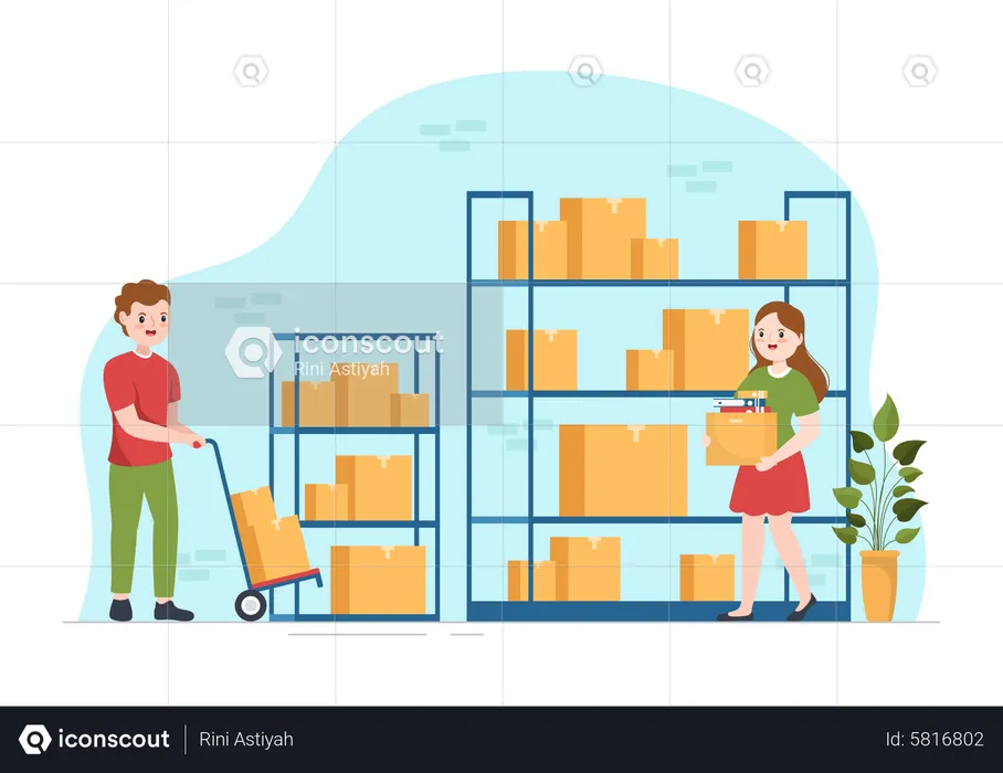 Homme et femme travaillant dans un self-stockage  Illustration