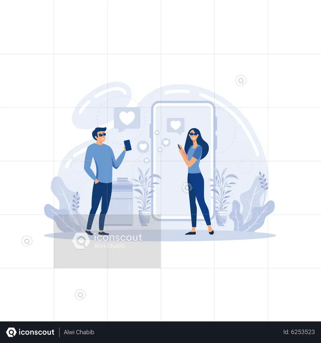 Homme et femme utilisant une application de rencontres en ligne  Illustration