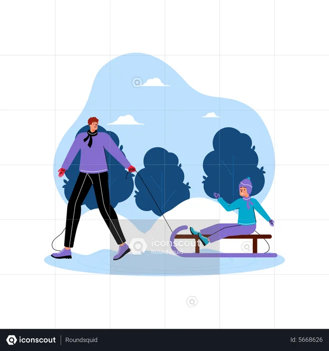 L'homme et son fils aiment glisser sur un traîneau en hiver  Illustration