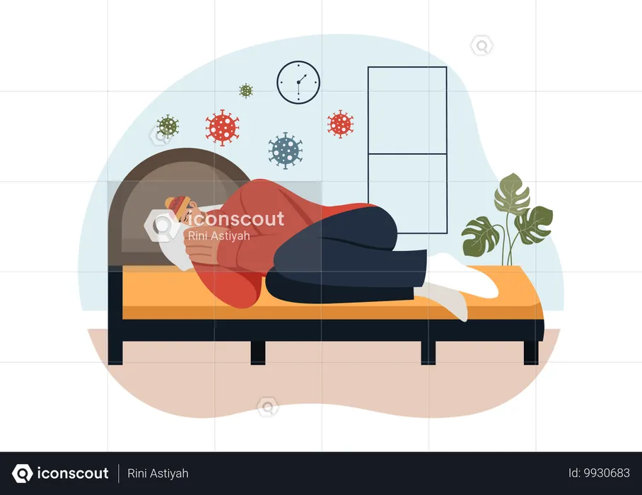 Homme éternuant et allongé sur le lit à la maison  Illustration