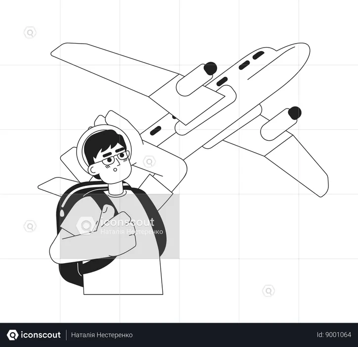 Homme excité regardant un avion volant  Illustration