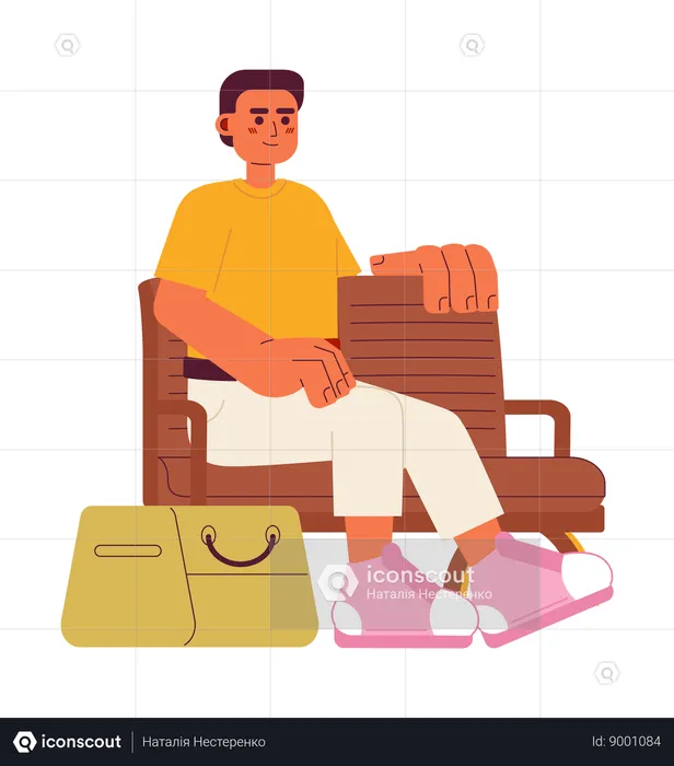 Homme excité sur un banc en bois  Illustration