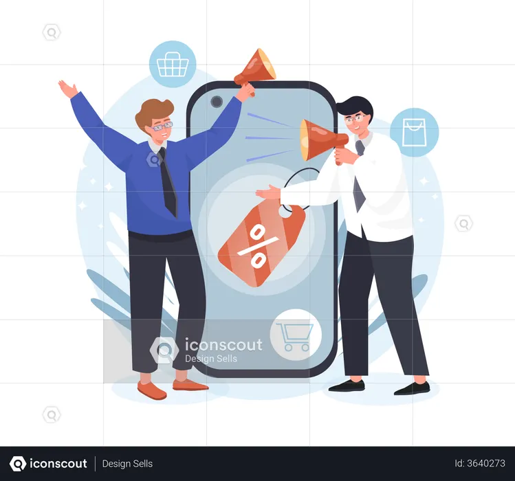 Homme faisant une publicité d'achat en ligne  Illustration