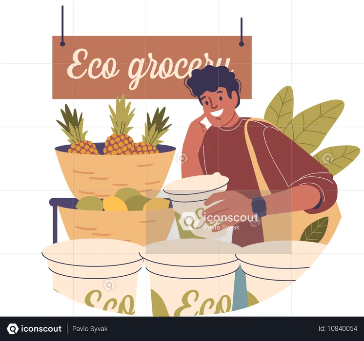 Un homme fait ses courses dans une épicerie écologique  Illustration