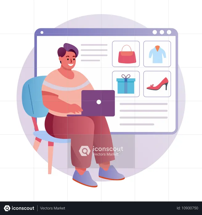 Un homme faisant du shopping sur un site Web  Illustration