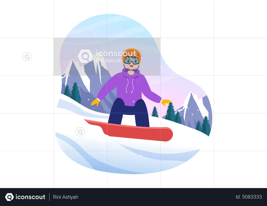 Homme faisant du snowboard sur glace dans la forêt de neige  Illustration