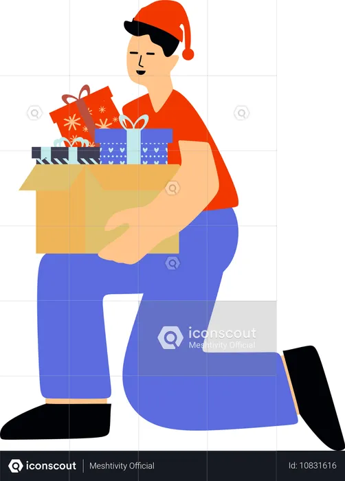 Un homme emballe des cadeaux de Noël  Illustration