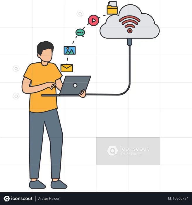 Un homme fait du téléchargement sur Cloud  Illustration