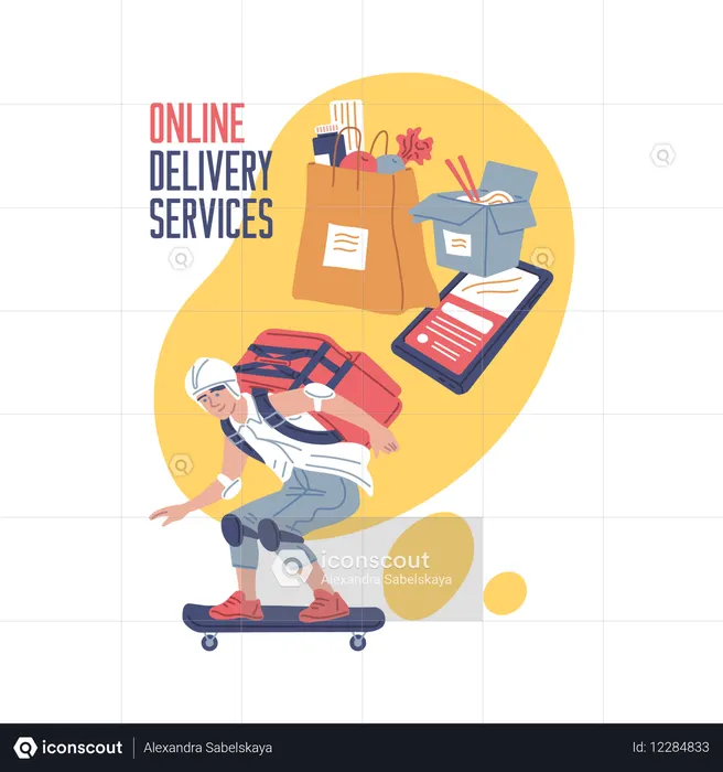 Un homme effectuant une livraison de courrier sur un skateboard  Illustration