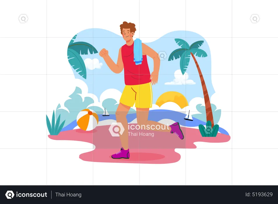 Homme fort faisant du jogging sur une plage  Illustration