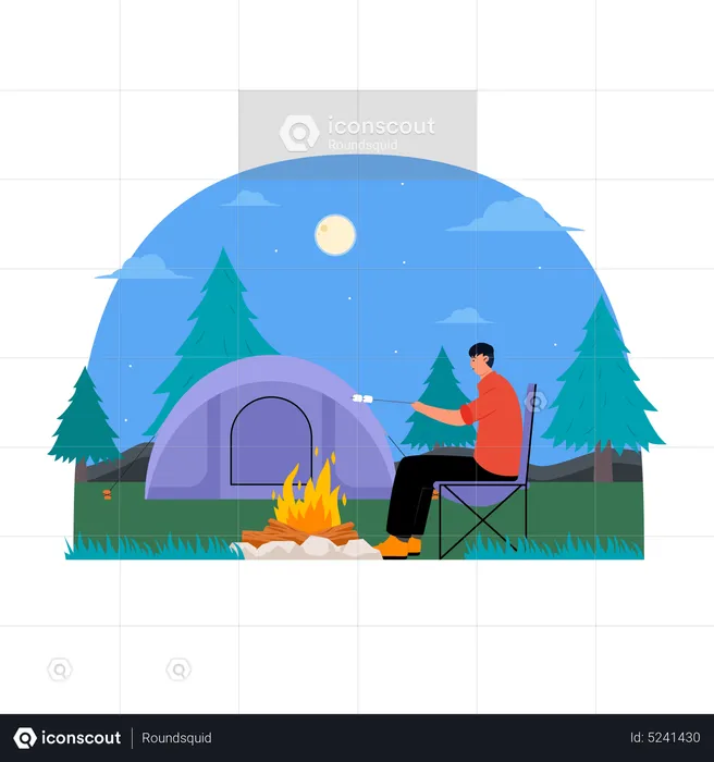 Homme faisant frire de la guimauve en camping  Illustration