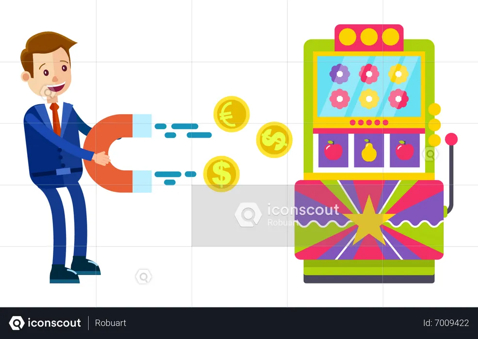 Homme gagnant de l’argent à la machine de loterie  Illustration