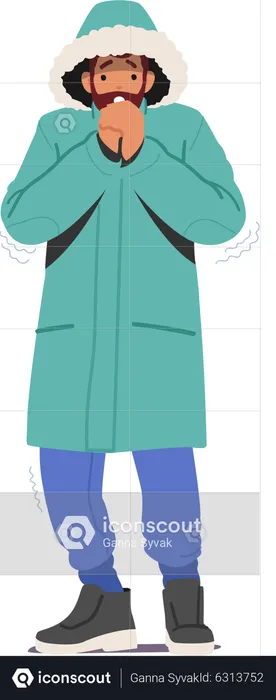 Homme gelé portant des vêtements d'hiver chauds essayant de se réchauffer les mains  Illustration